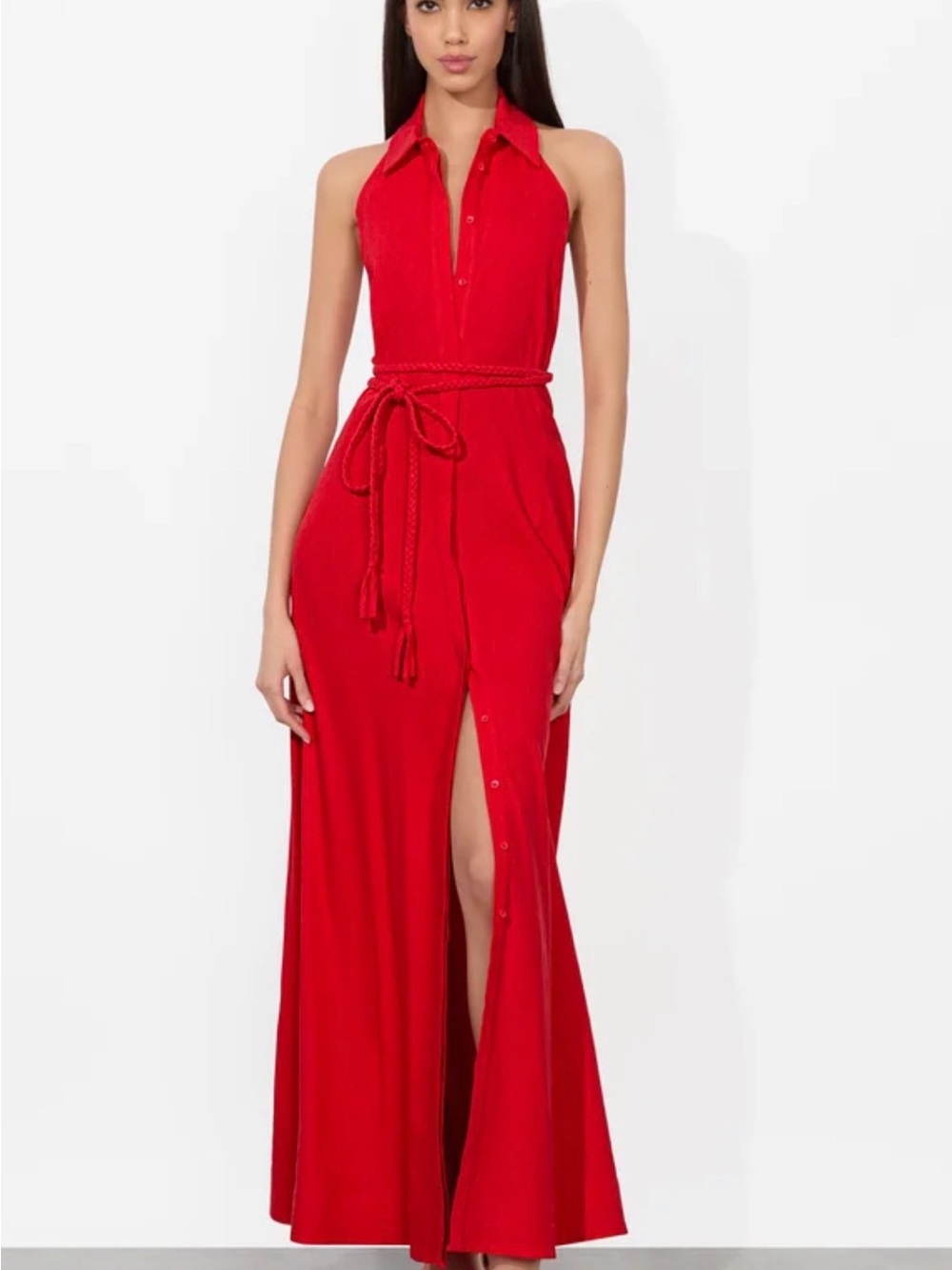 Alice + Olivia Red Halter Maxi Dress with Braided Waist - CHASSIDY LINEN MAXI